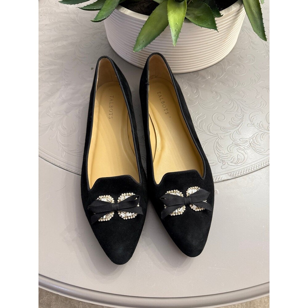 Talbots Black Grace Crystal Embellished Bow Suede Ballerina Flats Shoes Sz 10.5